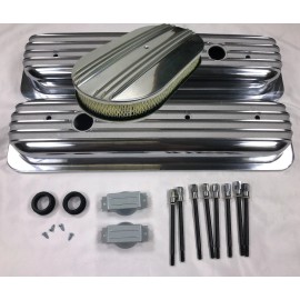 CNCRSR Small Block 350 Chevy Finned Aluminum Short Style Valve Covers & Air Cleaner Kit