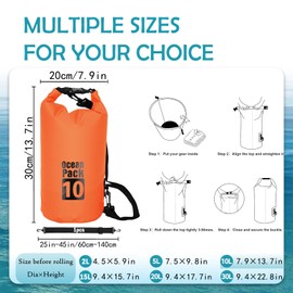 Dry Bag 10L, Boat Dry Bags Orange Waterproof Bag Dry Sack Roll Top Long Adjustable Shoulder Strap 2L/5L/10L/20L/30L/40L for Drifting Boating Kayaking Fishing Rafting Swimming Camping Canoeing Surfing