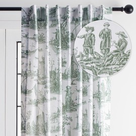 Maison d' Hermine Curtains for Living Room 100% Cotton 108 inch Length One Panel Light Filtering Toile Curtains with Rod and Loop Pockets (Calais Antique Green (White Background), 50" W x 108" L)