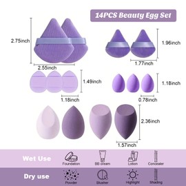 14Pcs Makeup Sponge Set, Beauty Blender with Organizer, Includes 2 Pieces of Triangle Loose Powder Puff, 2 Pieces of Mini Triangle Loose Powder Puff, 3 Pieces of Mini Airbrush Puff, 4 Pieces of Beauty Eggs and 3 Pieces of Mini Beauty Eggs (purple)