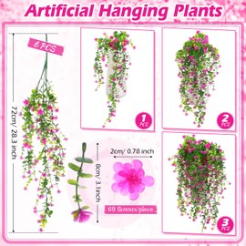 Hotop 6 Pcs Ferns Artificial Hanging Plants Vine Hanging Fake Plants Faux Hanging Plants Indoor Outdoor Hanging Ivy Wall Decor Greenery Vine with Flower for Room Wedding Fall Decoration (Fuchsia)