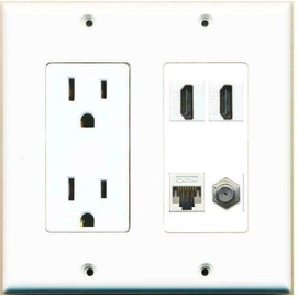 RiteAV [ 2 GANG ] 15 Amp Duplex Power Outlet 2 HDMI CAT5E Coax Cable TV Wall Plate