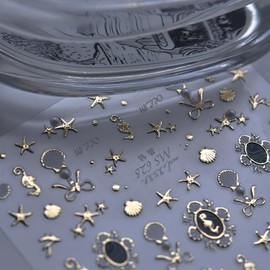 Seashell Starfish Nail Art Stickers Decals 5D Gold Hippocampus Nail Decals with Faux Pearl Diamond Starfish Bow Adhesive Gold Nail Designs Manicure Accessories for Summer DIY Nail Art Decorations