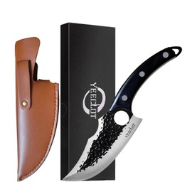 Cuchillo Forjado a Mano Vikingo，Yeeclot Martillado Cuchillos Chef De Cocina Multiusos para Cortar Carne, Cocina, Camping, Barbacoa, Negro