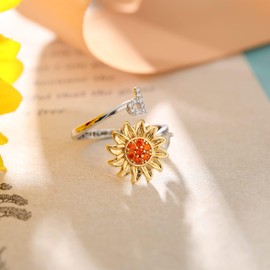 Women Sunflower Initial Letter Spinner Ring Open Adjustable Ring CZ Rings Daisy Stress Relieving Ring Jewelry Gift for Women Girl (P)