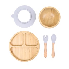KhaNoor Bamboo Toddler Plate & Bowl Set with Strong Suction – Includes Plate, Bowl, Spoon & Fork – Baby Plates with Suction for Baby Led Weaning, Kids Feeding Essentials, Non-Toxic & BPA Free (White)