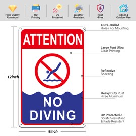 No Diving Pool Sign, Attention No Diving Sign Shallow Water, Pool Safety Signs, 12"x8" Rust Free Reflective Aluminum, Fade/Weather Resistant, UV Protected, Easy to Mount