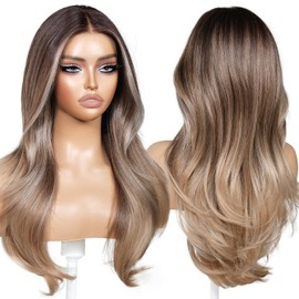ENCOUNTERU Synthetic Lace Front Brown Ombre Layered Wig with Bangs Pre Plucked Pre Cut 13x4 HD Lace Wear and Go Glueless Body Wave Wig for Women 23 Inch