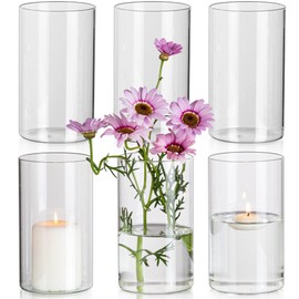 Glasseam Cylinder Vases for Centerpieces, Set of 6 Clear Glass Vases for Flowers, Modern Small Floating Candle Vase Decor, Decorative Hurricane Candle Holders for Home Wedding Table Decorations, 6in