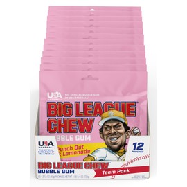 New! Big League Chew Punch Out Pink Lemonade Bubble Gum - Sweet and Tart Flavor Burst | Ideal for Baseball Games, Teams, Concessions, Parties, and More | Pack of 12 Bags (2.12oz Each)