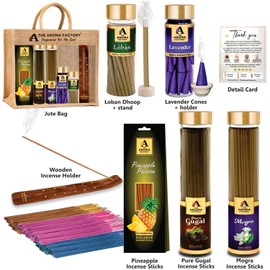 The Aroma Factory Luxury Giftpack (Gugal & Mogra Agarbatti, LobanDhoopbatti, Lavender dhoopcone, Pineapple 30 Sticks) with Jute Bag No Charcoal, 100% Organic Incense (Luxury)