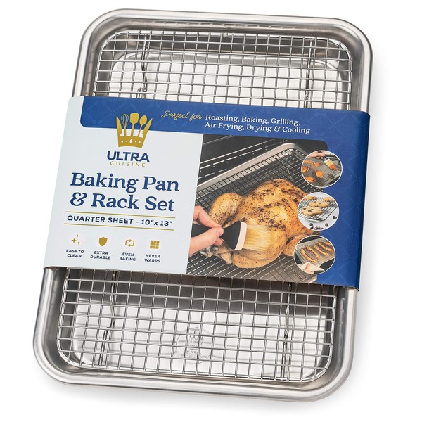 Quarter Sheet Aluminum Baking Pan with Stainless Steel Cooling Rack - Oven Safe Set