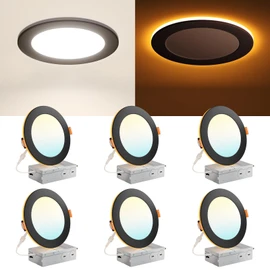 Amico 6 Pack Black 6 Inch 5CCT LED Recessed Ceiling Light with Night Light, 2700K/3000K/3500K/4000K/5000K Selectable Ultra-Thin Lighting, 12W=110W, 1100LM, Dimmable Canless Wafer Downlight - ETL&FCC