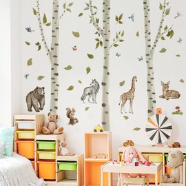 Runtoo Large Birch Tree Wall Decals Peel and Stick Woodland Animals Jungle Wall Stickers for Kids Bedroom Nursery Classroom Living Room Decor
