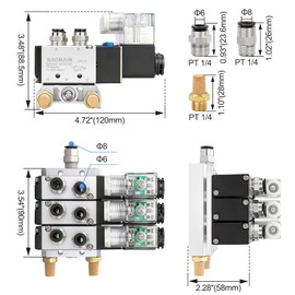 Baomain 3 Station Solenoid Valve Manifold, 12V DC 5 Way 2 Position Pneumatic Air Valve, Triple Solenoid, 1/4" PT Port, Includes Manifold Base & Mufflers, 4V210-08