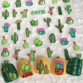 1PCS Summer Nail Art Stickers 3D Embossed Cactus Balls Nail Stickers Cute Nail Decals Green Plants Nail Art Design Decals for Nail Art Summer Cacti Designs Self Adhesive Nail Supplies Accessories