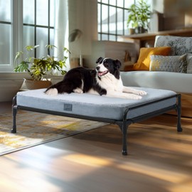 Veehoo Elevated Raised Dog Bed+Removable Dog Cot Mat-Cooling Outdoor Large Pet Bed Three-Sided Guardrail Raised Pet Cot Hammock Bed with Bolster-35 x 22" Black Silver