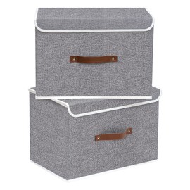 Yawinhe Storage Boxes with Lids 2 Pack, Collapsible Storage Bin with Handle, for Organizing Clothes, 33x23x20cm, Grey, SNK018GYS-2