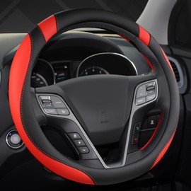 West Llama Customized Auto Car Steering Wheel Cover for Hyundai,Tucson,Sonata,Elantra,Santa Fe,Genesis,Sonata Hybrid,Azera,Venue,Kona, 14.5-15 inches(Black+Red - Standard Size)