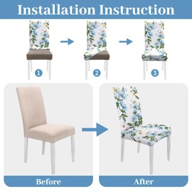 Spring Blue Floral Chair Covers for Dining Chairs Set of 6, Armless Chair Slipcover Dining Chair Seat Covers for Dining Room Chairs, Kitchen Washable Stretch Chair Protectors Covers (Spring Flower)