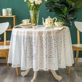 GLORY SEASON Lace Tablecloth Leaf Pattern Warp Knitting Fabric Solid White Round Table Cover for Kitchen Dining Farmhouse Wedding Party Decor Ivory, 70 Inch