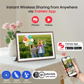 Frameo 10.1" Wood WiFi Digital Picture Frame with 32GB Memory, 1280 x 800 IPS HD Touch Screen Electronic Photo Frame, Auto-Rotate, Slideshow, Wall Mountable, Share Photos/Video Remotely Anywhere