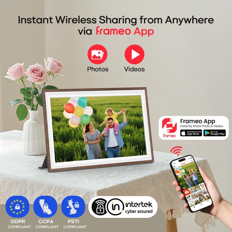 Frameo 10.1" Wood WiFi Digital Picture Frame with 32GB Memory,