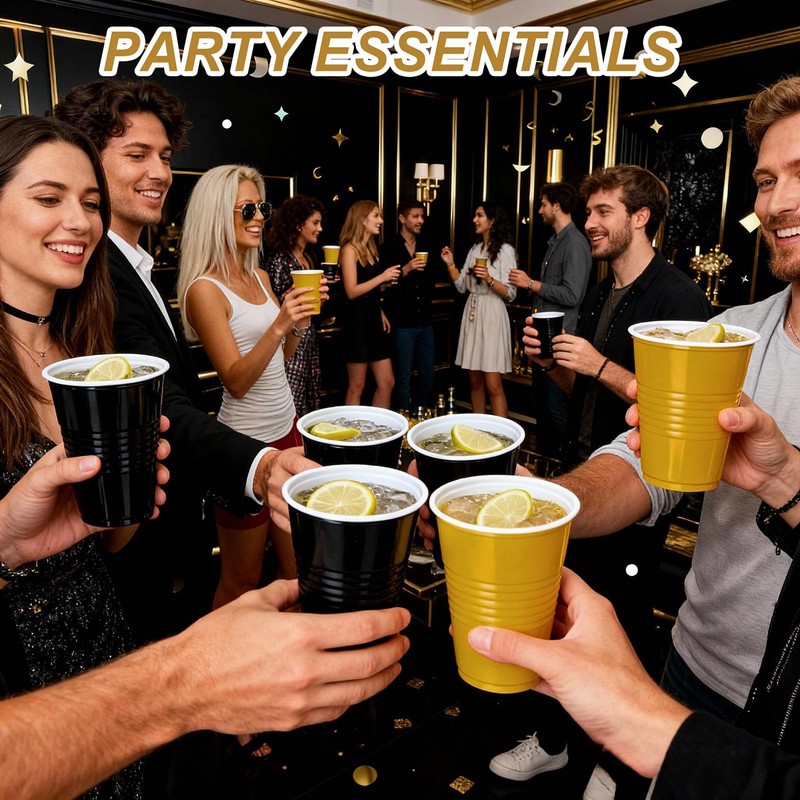 12 oz Disposable Plastic Cups – Black & Gold 2-Color