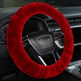 Soft Fluffy Wool Sheepskin car Steering Wheel Cover for Girls Women Universal car 14 1/2-15 1/2inchs (Claret)