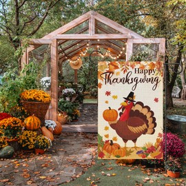 Wodison Happy Thanksgiving Garden Flag 12x18 Inch Double Sided Outside, Pumpkins Turkey Seasonal Yard Flag for Fall Harvest Autumn House Outdoor Decoration