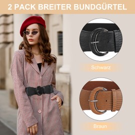 JasGood Pack of 2 Women's Wide Elastic Waist Belt Vintage Belt Waist Belt for Women Dresses, black / brown