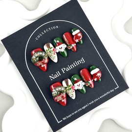 100% 5D Handmade Press on Nails Christmas Medium Almond Fake Nails Press ons Canes Santa Claus False Nails Green Red Santa Hat Press on Nails Wreath Fake Nails for Women Girls Manicure Size L
