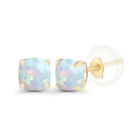 14K Yellow Gold Plated Sterling Silver 4mm Cushion Created Opal October Birthstone Genuine Stud Earrings For Women