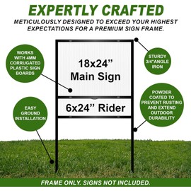 BINGLE Real Estate Iron SIgn Frame w/Rider Slot SignStand Pro Iron H-Frame Yard Stakes 18x24" & 6x24" Sign Slots for Realtors, Events, Marketing, Parking Lots (4)