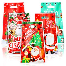 Abeillo 50Pcs Christmas Goodie Bags for Kids, Santa Claus Theme Party Favor Bags Christmas Gift Bags Medium Size Plastic Gift Bags Bulk for Kids (10 x 7Inch)