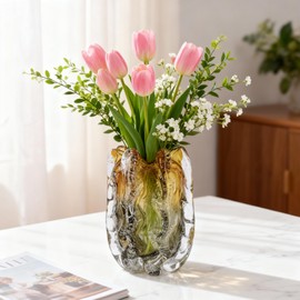 Hand Blown Glass vase, Unique Wide-Mouth Glass vase, Amber-Gray Modern Decorative vase, Perfect for Offices, Weddings, Living Room Coffee Tables, or as a Dining Table Centerpiece.
