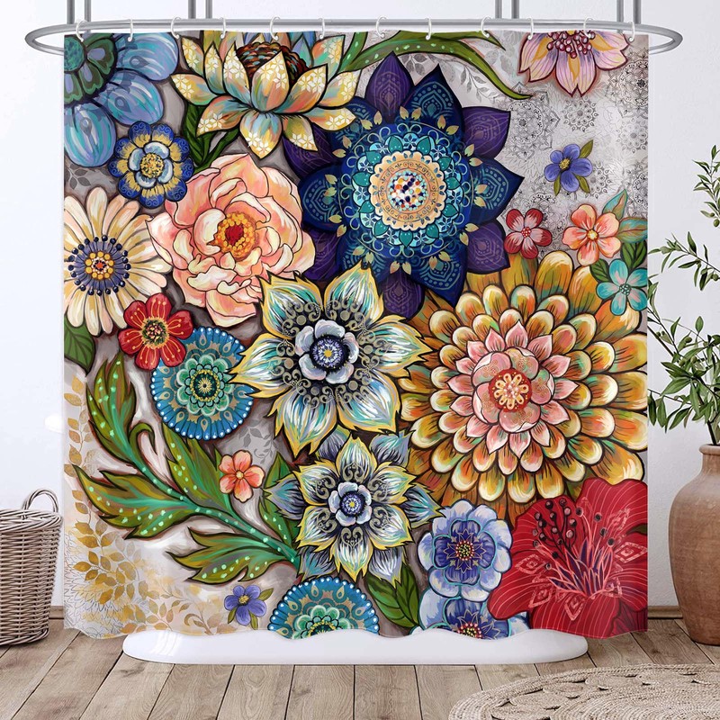 Neasow Boho Floral Shower Curtains for Bathroom, Bright Fabric Blossom