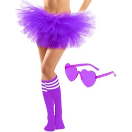 NSODREEM Adult Tutus for Women, 5 Layered Tulle Tutu Skirt Set with Heart Sunglasses and Knee High Socks Colorful Party Favors (Purple)