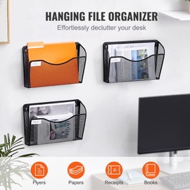 Happybuy File Wall Rack, Three-Piece 1 Pocket Mesh Wall File Holder, Wall Mounted Magazine Mail Paper & Document Storage Folder, Metal Wall File Organizer with Nametag Label, for Office Home & School