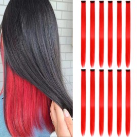 12 Pcs Colored Clip In Hair Extensions Red 20 Inches Straight Hair Clip In Synthetic Hair Extensions For Women Girls Kids Gift Synthetic Hairpieces Can Be Hot Water Curl (12pcs,Red)
