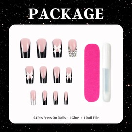 French Tip False Nails - Long Medium Black Square Coffin Press On Nails With 3d Bow And Diamond Design - Glitter Ballet Fake Nails With Glue - Acrylic Full Cover Stick On nails Women Girls Nail Art