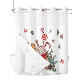 Christmas No Hook Shower Curtain with Snap in Liner, Christmas Gingerbread Man Coffee Cappuccino White Shower Curtain for Bathroom Waterproof Bath Curtain with See Through Mesh Top Window, 72" x 72"