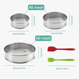 3PCS Sieve Fine Mesh with brush, Stainless Steel Round Sifter for Baking, Flour Sieve 8 Inch 60 Mesh,6 Inch 40 Mesh and 4Inch 40Mesh