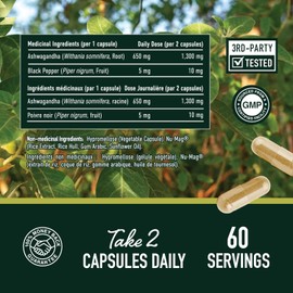 Ashwagandha Supplement 1300MG | High Strength Resistance to Stress & Increase Energy | Organic Ashwagandha Powder Capsules with Black Pepper for Absorption | Made in Canada | 120 Ct (2-Month Supply)