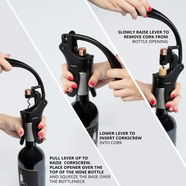 Ivation Wine Bottle Opener | Manual Handheld Corkscrew with Ergonomic Lever Pump, Standing Vertical Design, Soft Bottleneck Grip, Nonstick Screw & Easy No-Twist Cork Removal | Black & Bronze Stainless