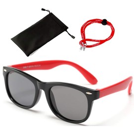 SMT Children's Sunglasses, Kids Sunglasses, Rubber Frame, Polarized Lenses, UV Protection, 3-Piece Set (Black x Red)