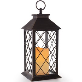 Bright Zeal 14" Vintage Outdoor Candle Lantern Decorative with LED Candle (Distressed Bronze, 6hr Timer) - Tabletop Lanterns Decorative Outdoor - Home Lanterns Battery Powered - Hanging Lanterns