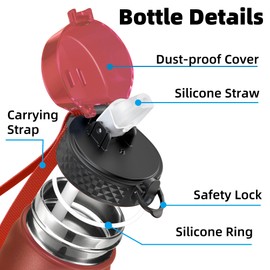 OLDLEY Stainless Steel Water Bottle with Straw 1L Vaccum Insulated Large Drink Flask Metal Water Bottles 1 Litre Leakproof Keep Drinks Hot Cold for Sports Gym Travel Adult Women Men(Red Black, 1 Lid)