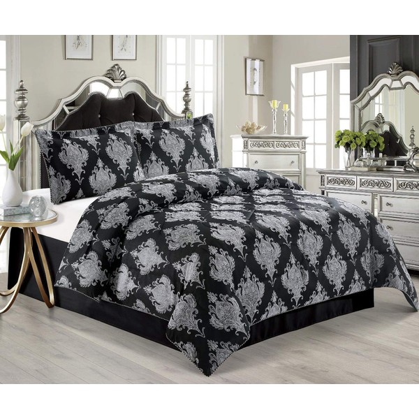 Luxurious 3 Pcs Jacquard Bedspread Quilted Comforter with Matching Pillow Cases Bedding Set Emma Black Double