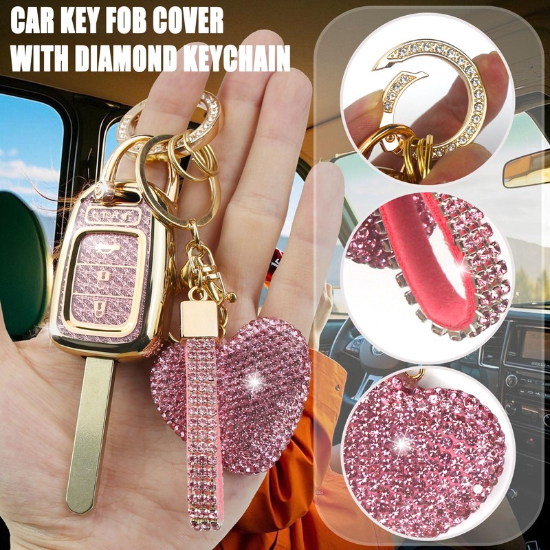 Simocky Key Fob Cover with Diamond Heart Keychain, Car Key
